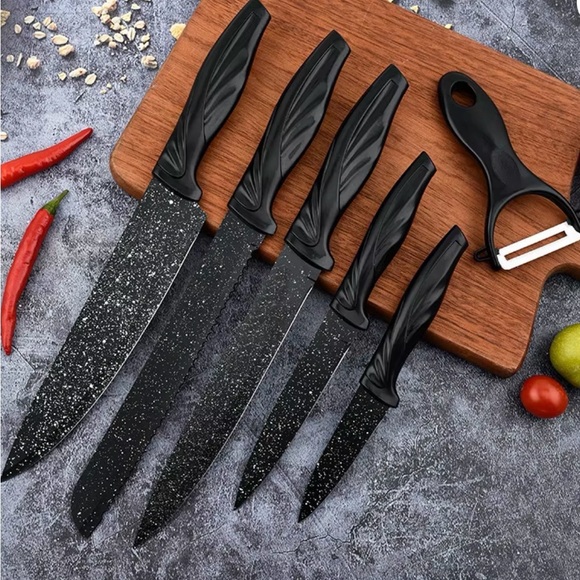 6 piece Black Speckled Kitchen Knife Set with Peeler - Picture 4 of 4